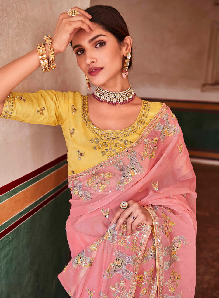 Pink Organza Saree with Zari and Thread Work | Art Silk Blouse for Weddings