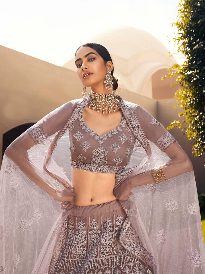 Soft Net Lehenga with Sequins and Dori Work | Semi-Stitched Lavender Lehenga