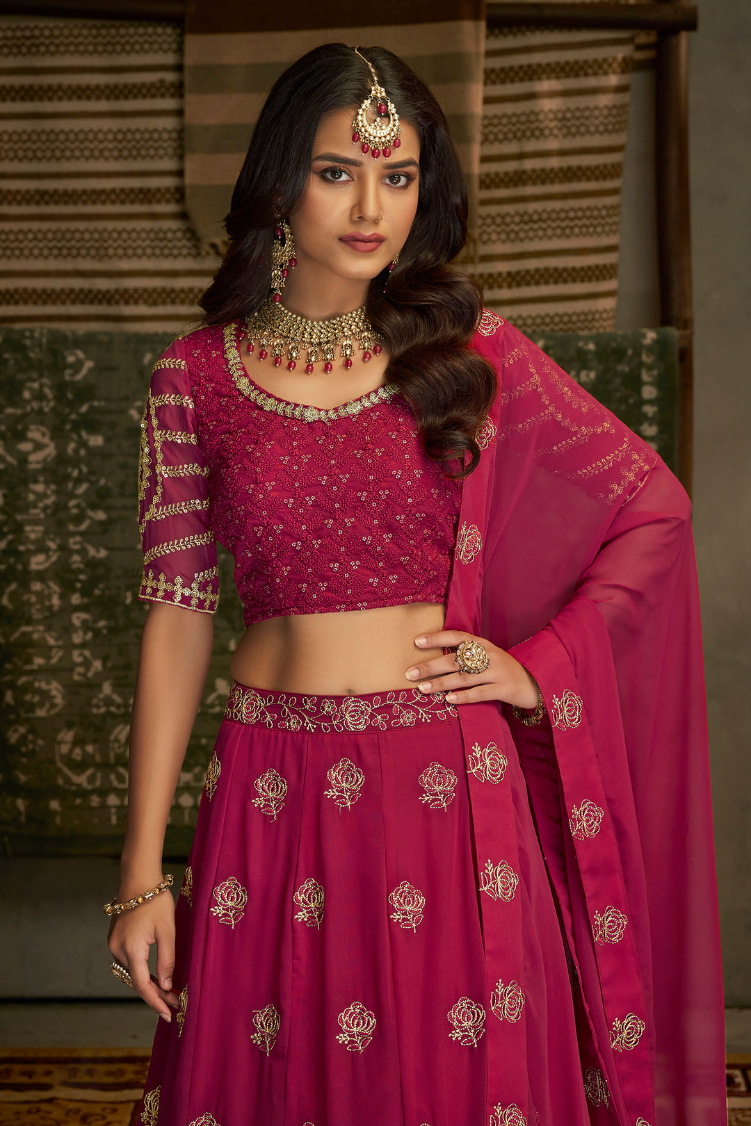 Pink Georgette Lehenga Choli | Semi-Stitched with Dori Thread Work