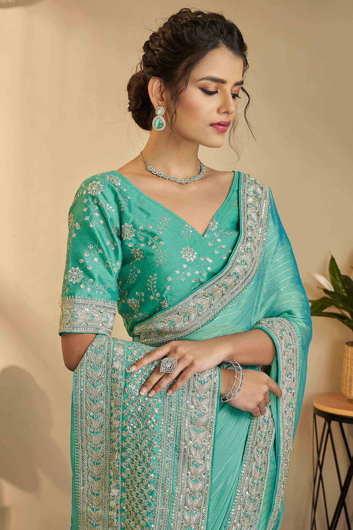 Sea Green Designer Silk Base Saree | Unstitched Blouse Included