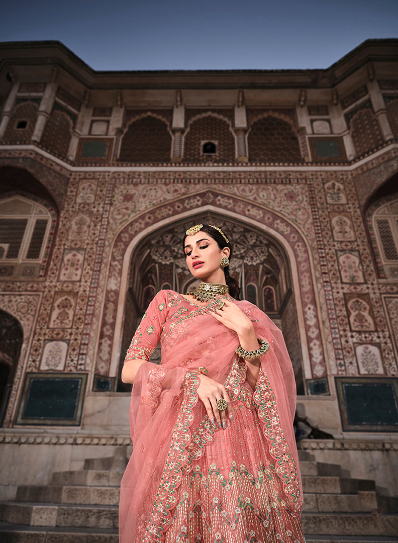 Peach Soft Net Zari & Resham Lehenga Choli | Wedding & Party Wear