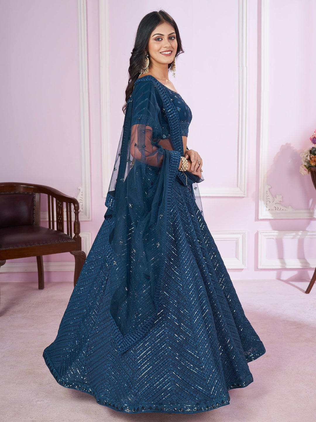 Dazzling Teal Blue Sequins Georgette Designer Lehenga Choli