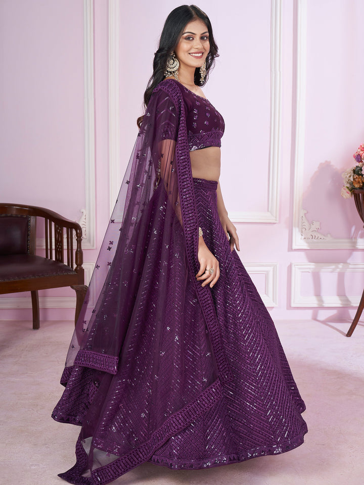 Astonishing Purple Sequins Georgette Reception Wear Lehenga Choli