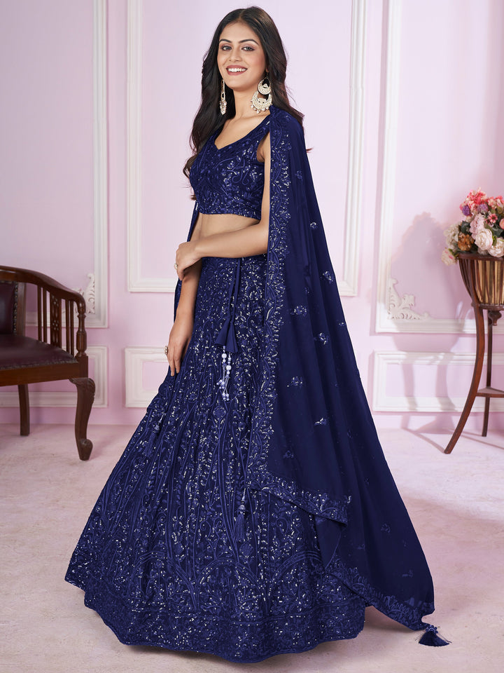 Marvelous Blue Sequins Georgette Engagement Wear Lehenga Choli