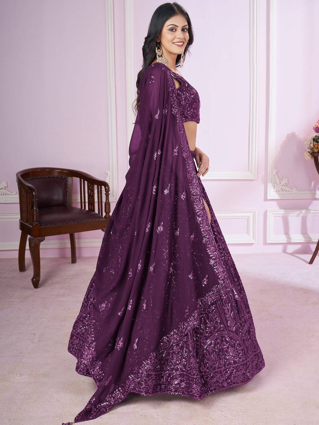 BeautifulÃ‚Â Purple Sequins Georgette Wedding Lehenga Choli With Dupatta