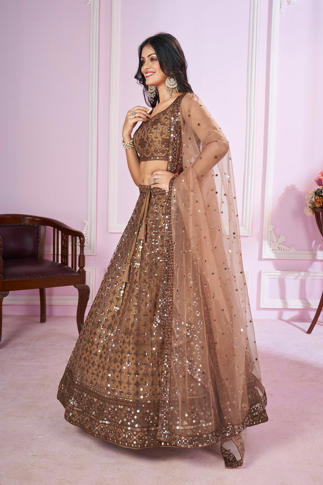 AlluringÃ‚Â Brown Sequins Net Bridesmaid Lehenga Choli With Dupatta