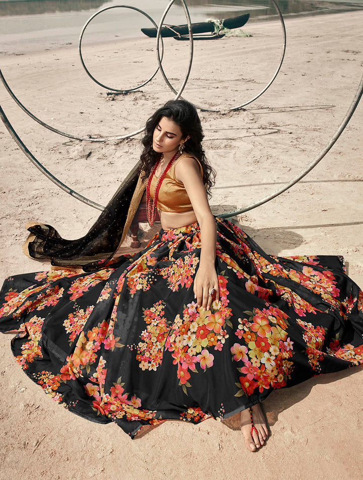 Elegant Black Wedding Lehenga | Fancy Organza with Stunning Prints