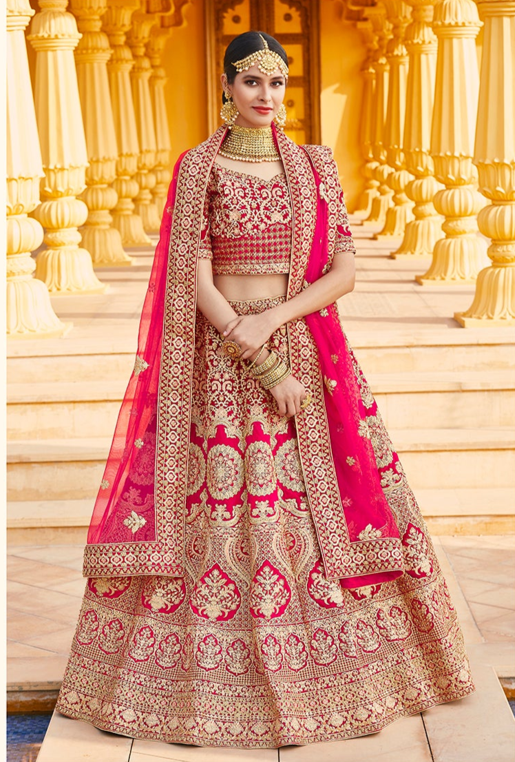 Pink Velvet Lehenga | Bridal Zari Embroidered Choli Set