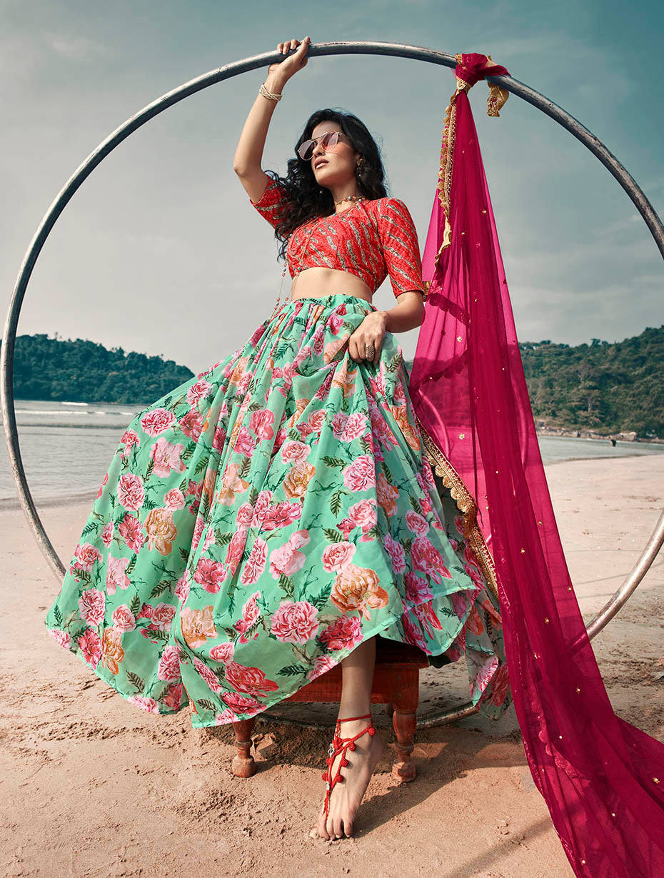 Fancy Printed Lehenga Choli | Sky Blue Organza for Special Occasions