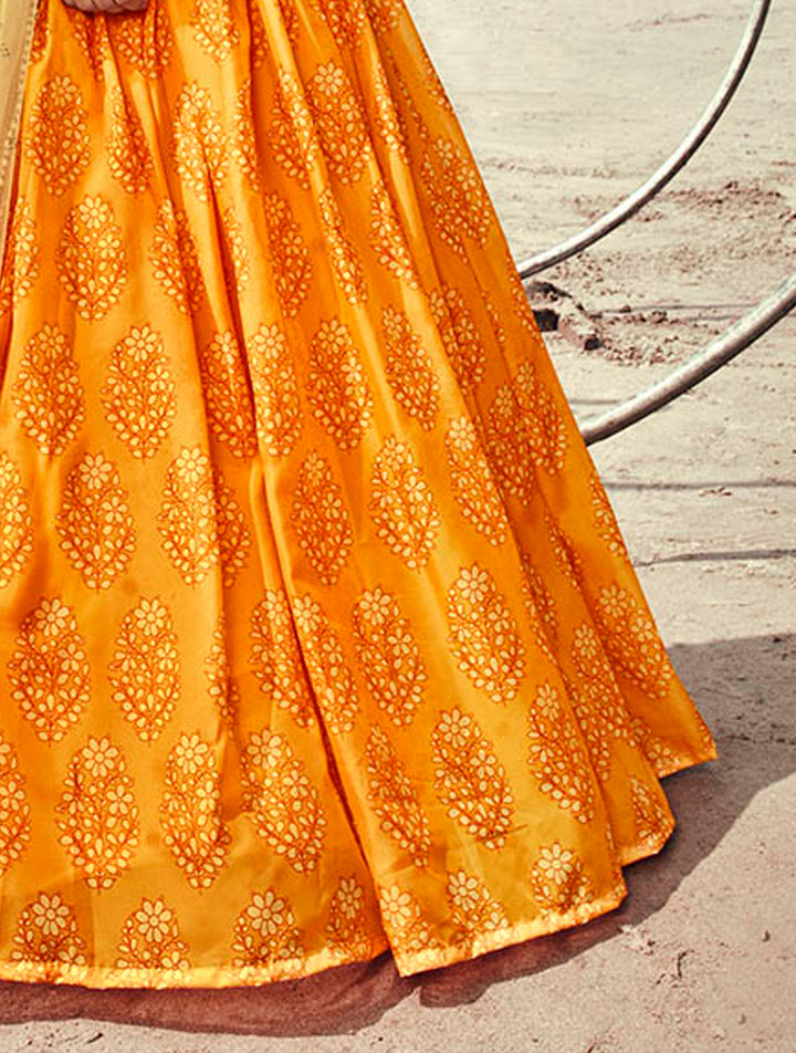 Stunning Digital Print Lehenga | Mustard & Orange for Wedding Glam