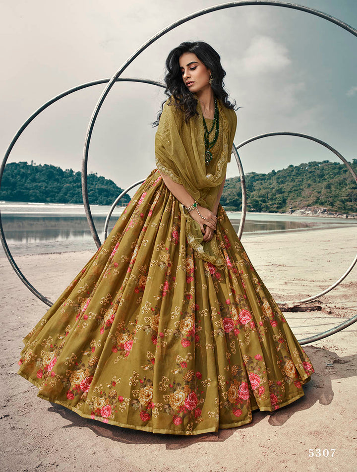 Elegant Reception Wear Lehenga | Olive Green Organza with Stylish Prints