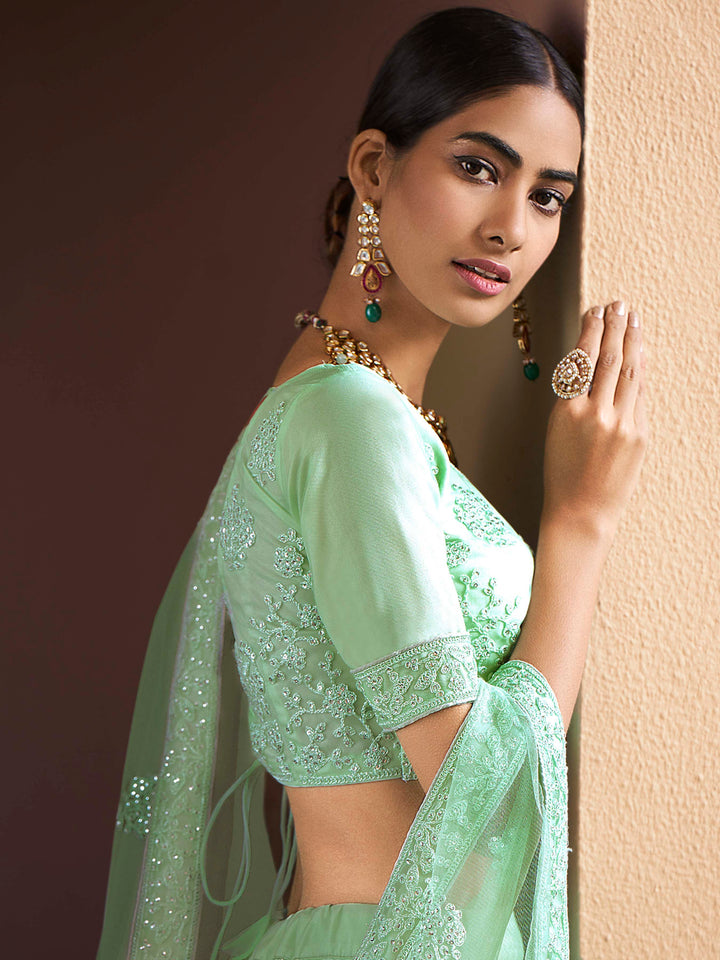 Soft Net Lehenga with Sequins and Dori Work | Semi-Stitched Pista Green Lehenga