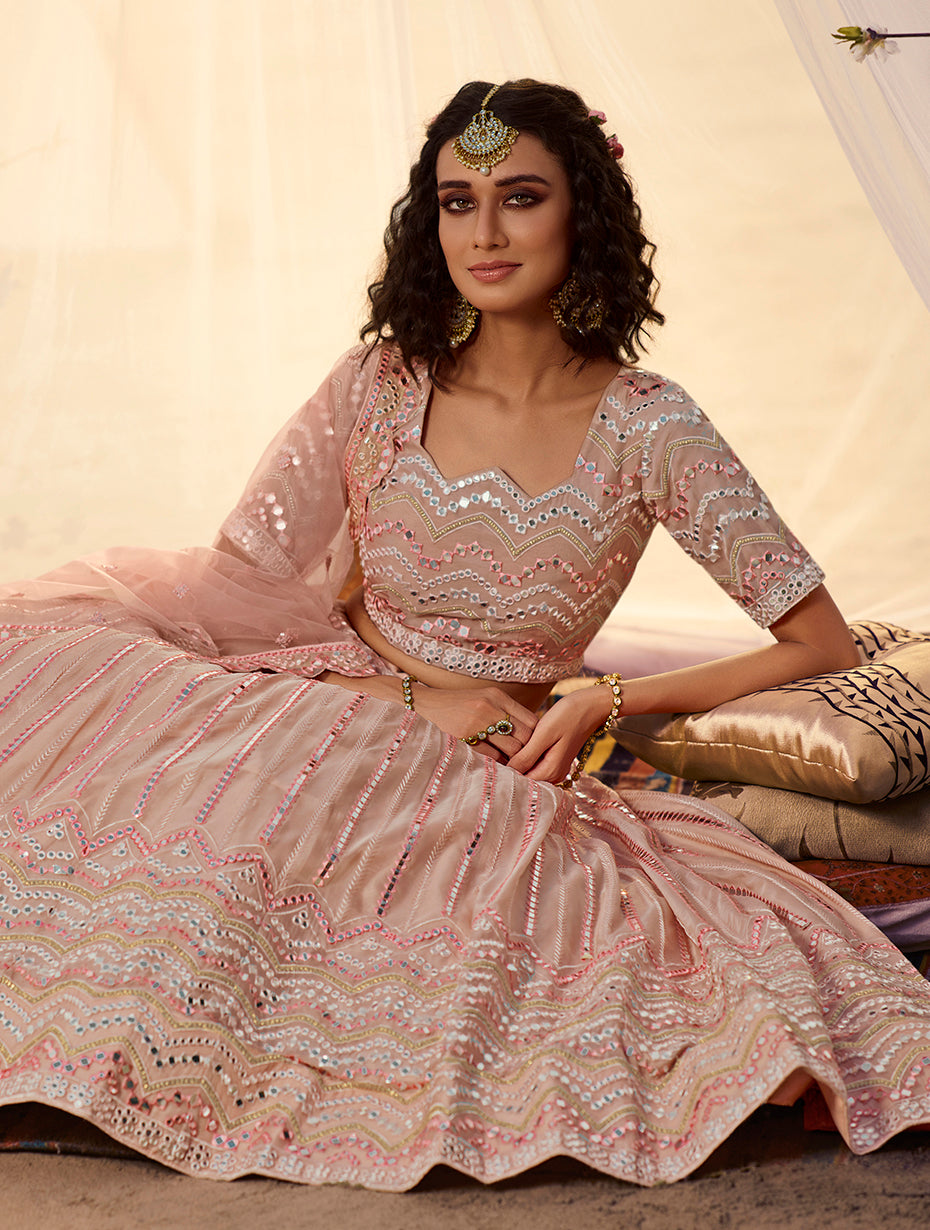 Peach Organza Lehenga for Women | Embroidered Mirror Work with Dupatta