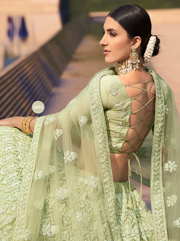 Soft Net Lehenga with Sequins and Dori Work | Semi-Stitched Pista Green Lehenga