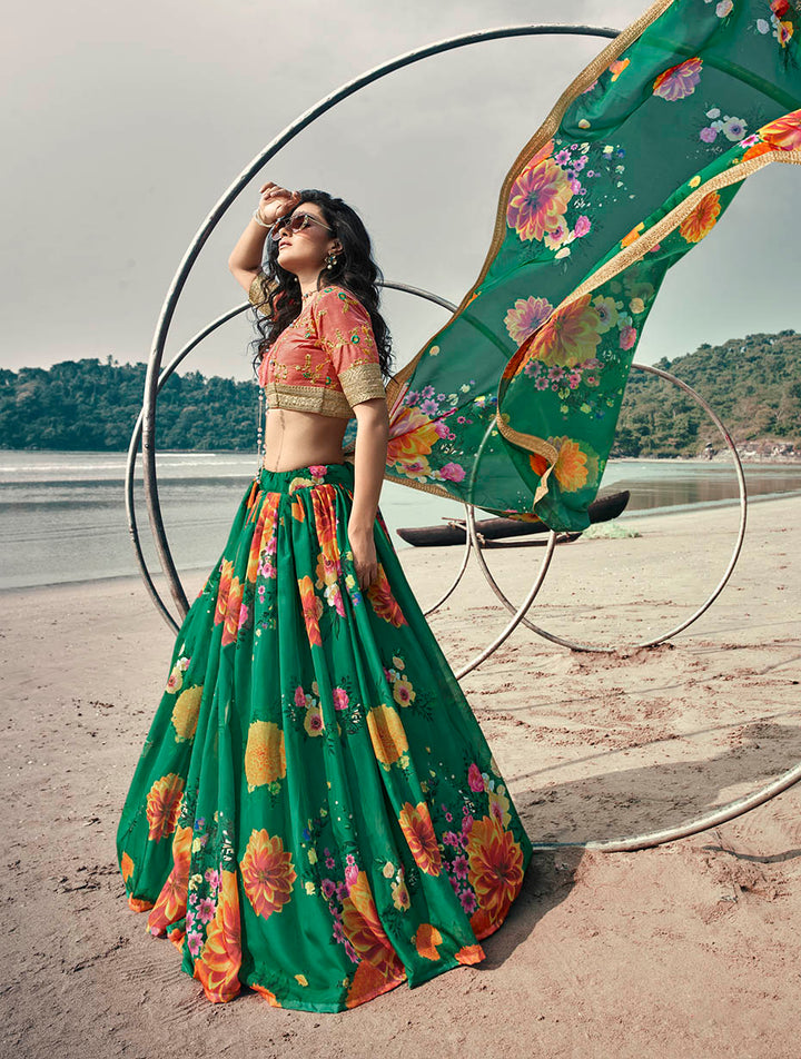 Elegant Sangeet Wear Lehenga | Rama Green Fancy Organza with Prints