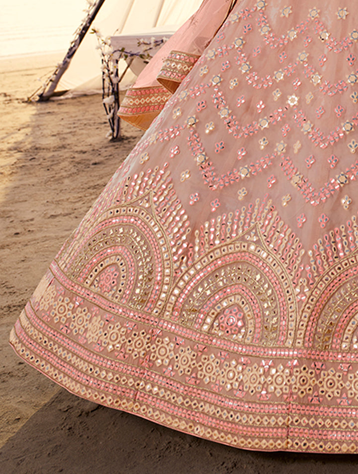 Peach Organza Lehenga Set | Embroidered Lehenga Choli with Net Dupatta