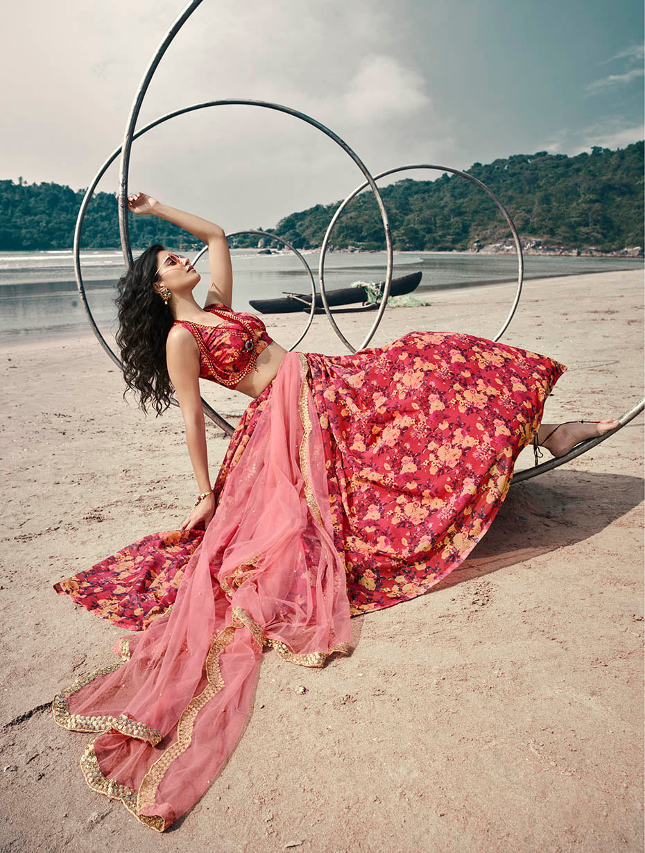 Stylish Red Organza Lehenga | Lightweight Printed Design for Sangeet