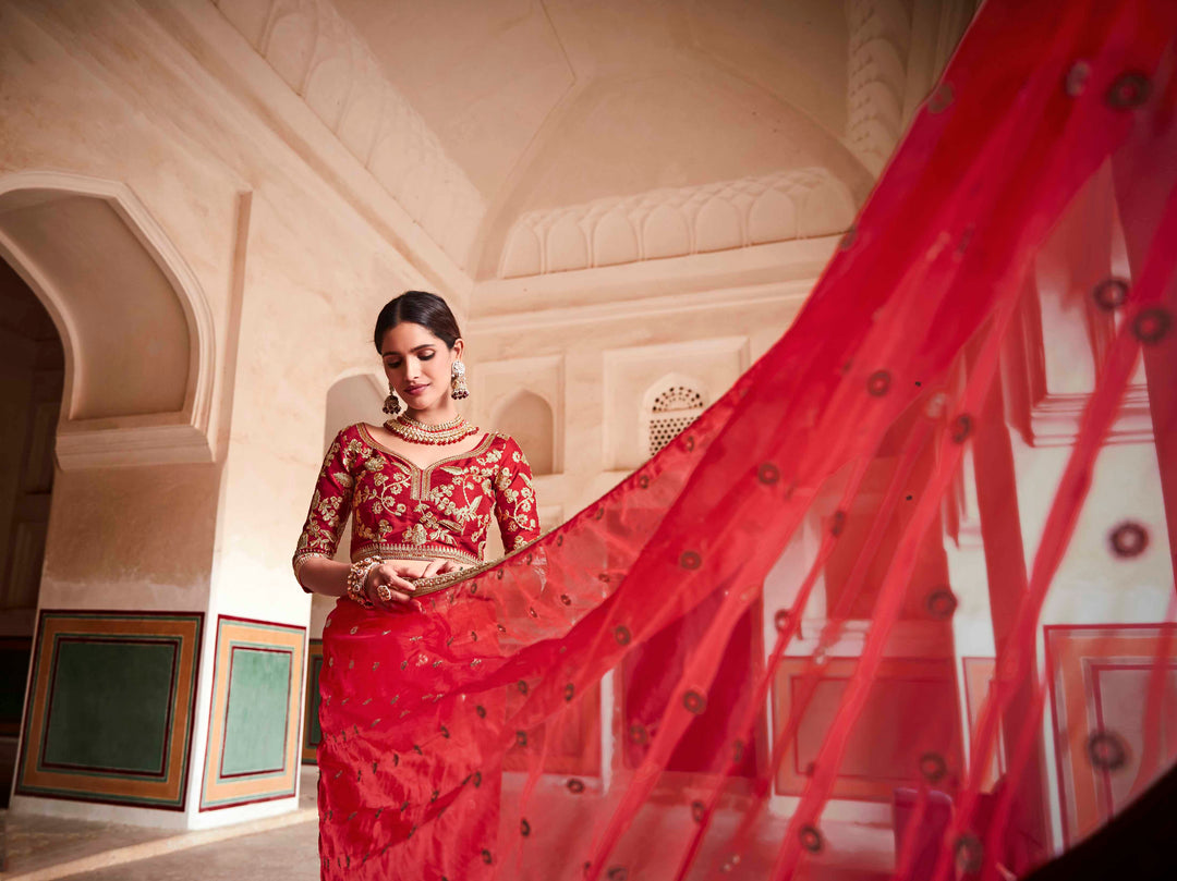 Red Organza Saree with Art Silk Blouse | Zari and Sequins Work for Party Wear