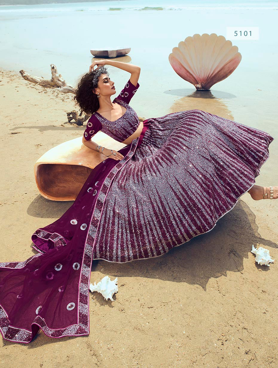 Elegant Wine Net Lehenga | Customizable Semi-Stitched Ethnic Wear