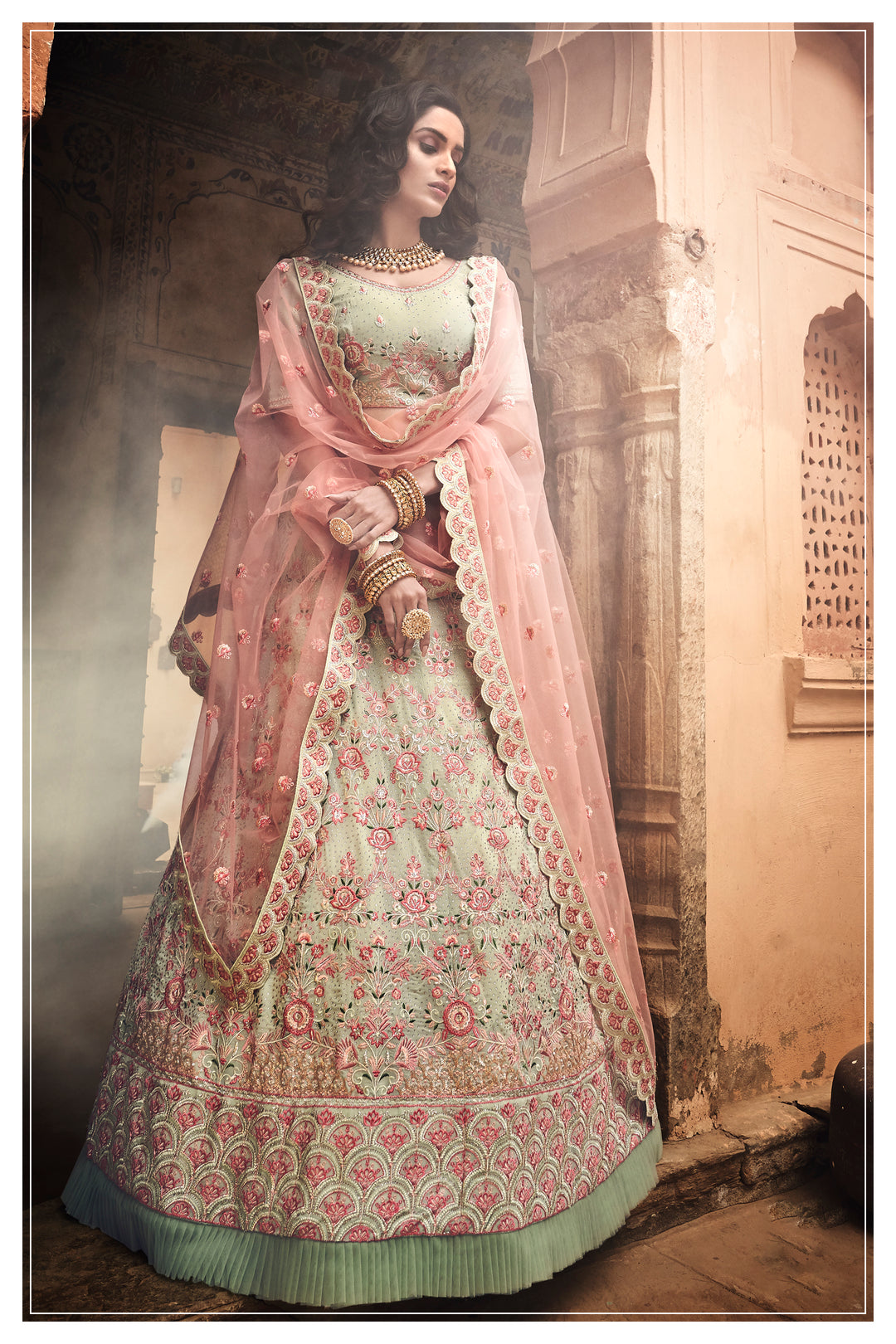 Pista Green Bridal Lehenga | Georgette Lehenga with Swarovski Work