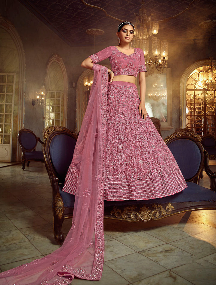 Pink Soft Net Lehenga with Intricate Embroidery | Elegant Bridal Wear