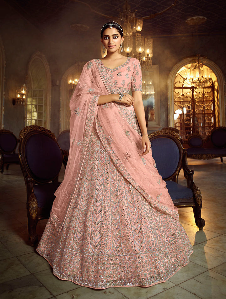 Peach Soft Net Lehenga with Dori and Zarkan Work | Bridal & Festive Wear