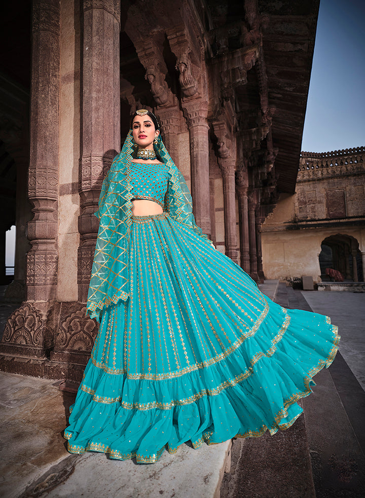 Stunning Turquoise Faux Georgette Lehenga | Perfect for Weddings