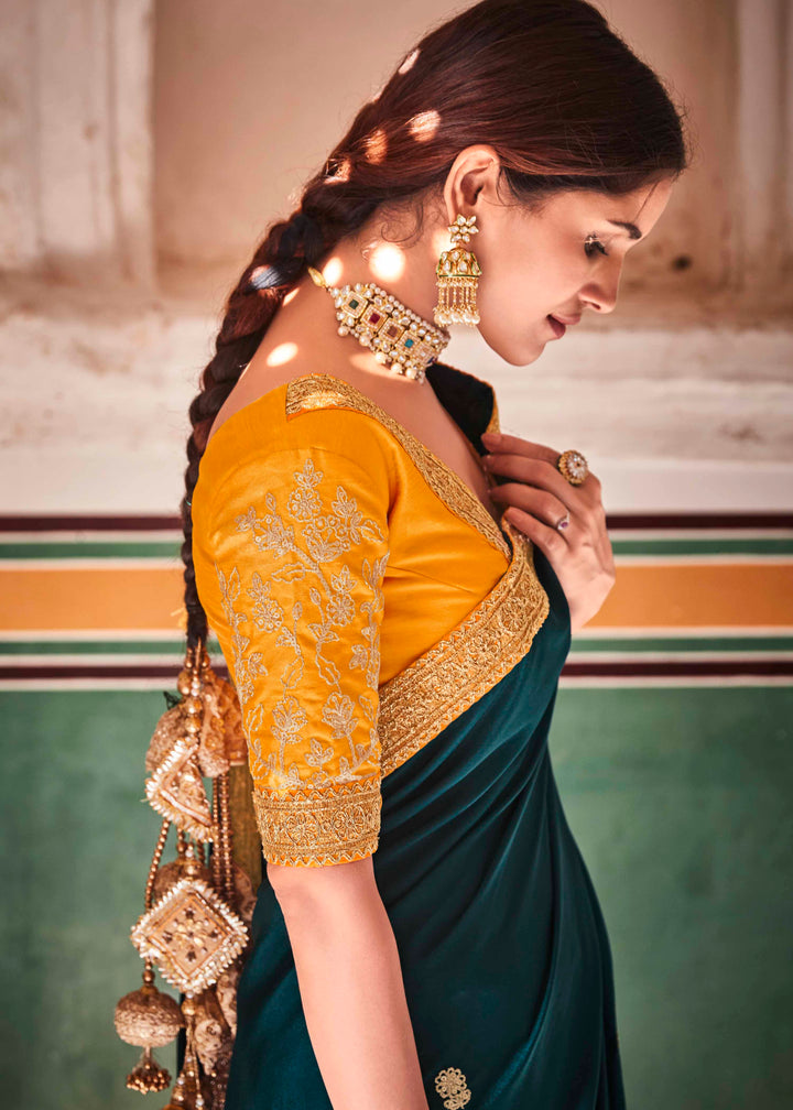 Rama Green Crepe Silk Saree | Art Silk Blouse with Dori and Sequins Work