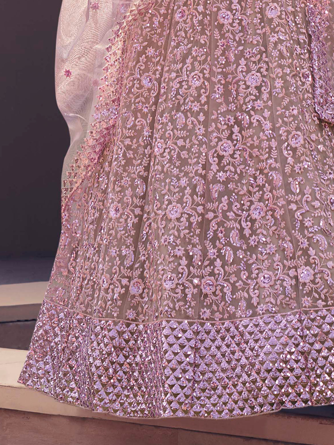 Soft Net Lehenga with Sequins and Thread Work | Semi-Stitched Lilac Lehenga