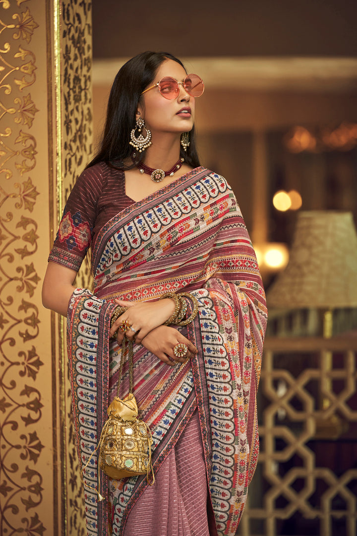 Mauve Georgette Saree with Sequins Work | Thread and Printed Art Silk Blouse