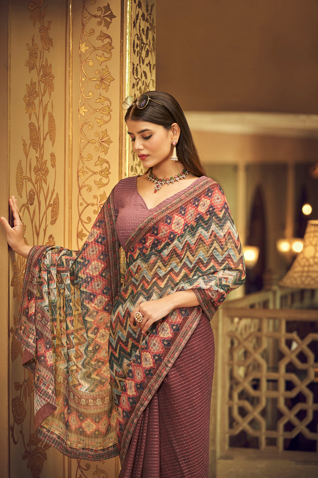 Brown Georgette Saree with Sequins Work | Thread and Printed Art Silk Blouse