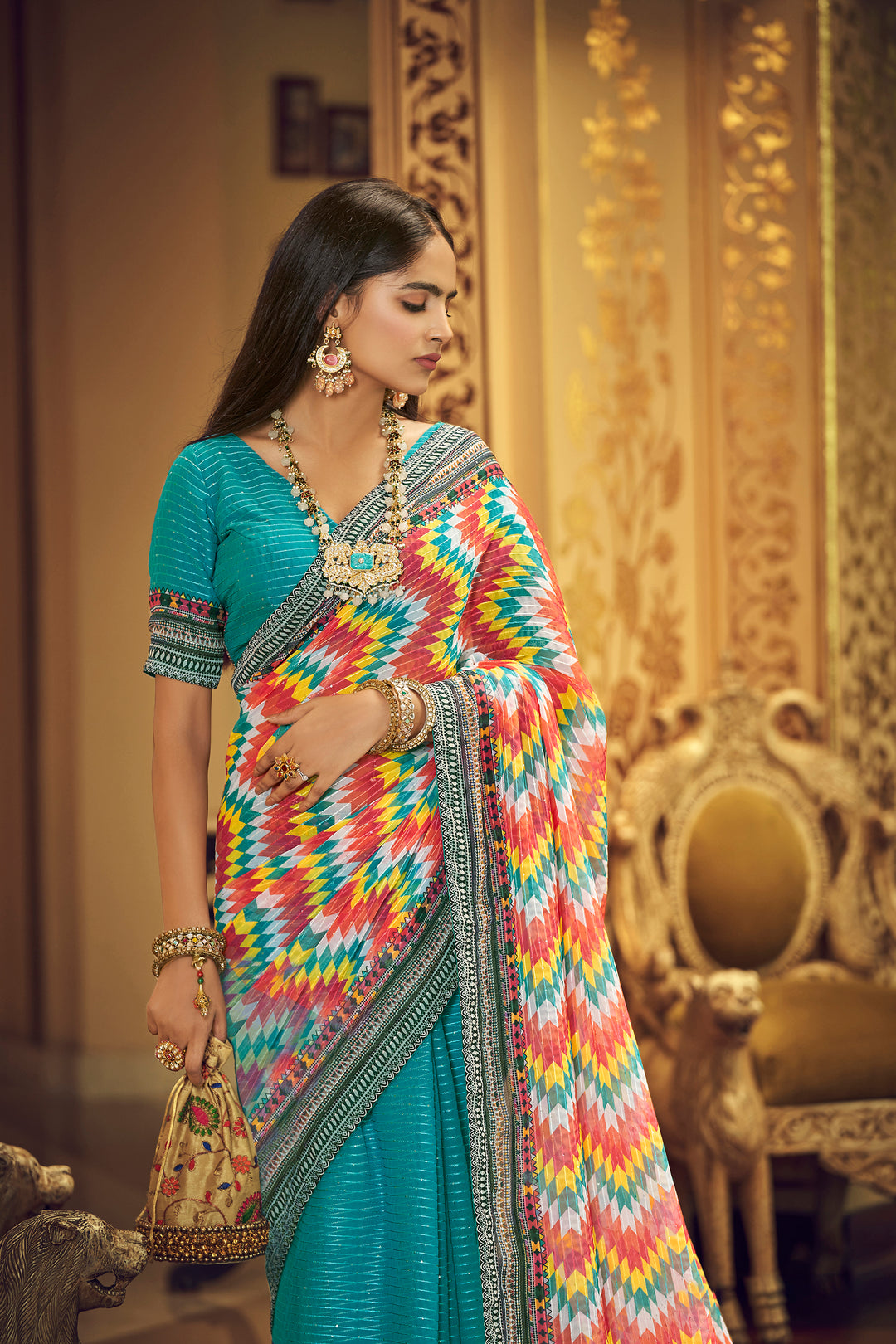 Turquoise Georgette Saree with Sequins Work | Thread and Printed Art Silk Blouse