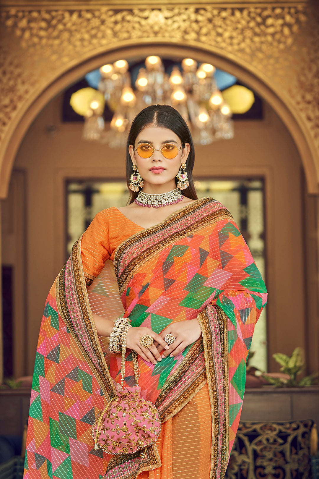 Orange Georgette Saree with Sequins Work | Thread and Printed Art Silk Blouse