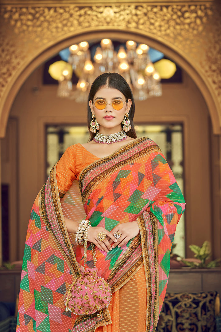 Orange Georgette Saree with Sequins Work | Thread and Printed Art Silk Blouse