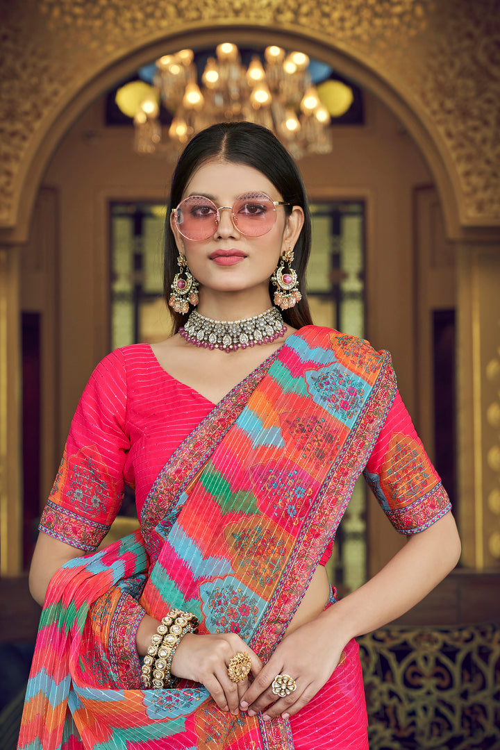 Pink Georgette Saree with Sequins Work | Thread and Printed Art Silk Blouse