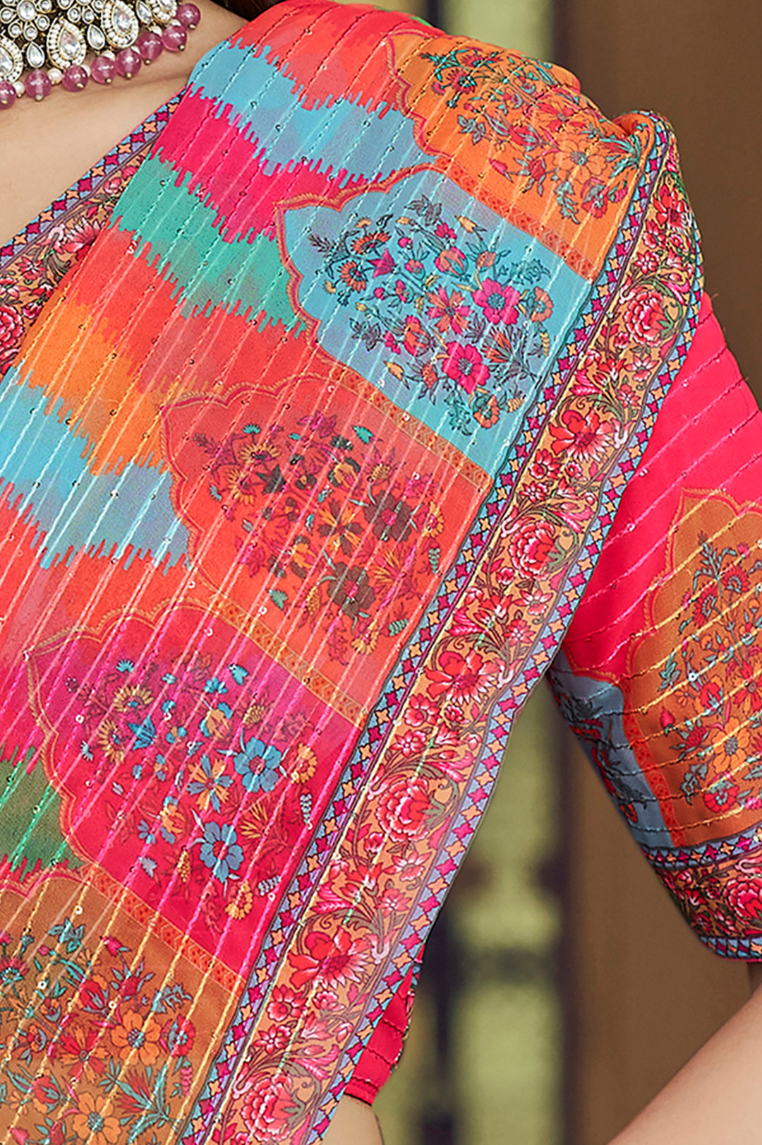 Pink Georgette Saree with Sequins Work | Thread and Printed Art Silk Blouse