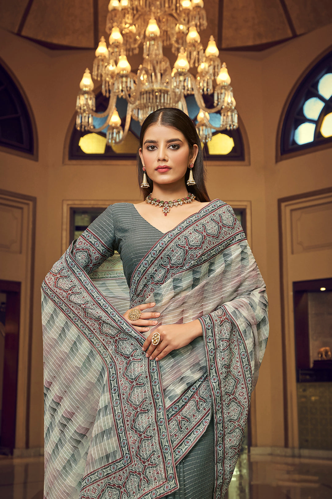 Grey Georgette Saree with Sequins Work | Thread and Printed Art Silk Blouse