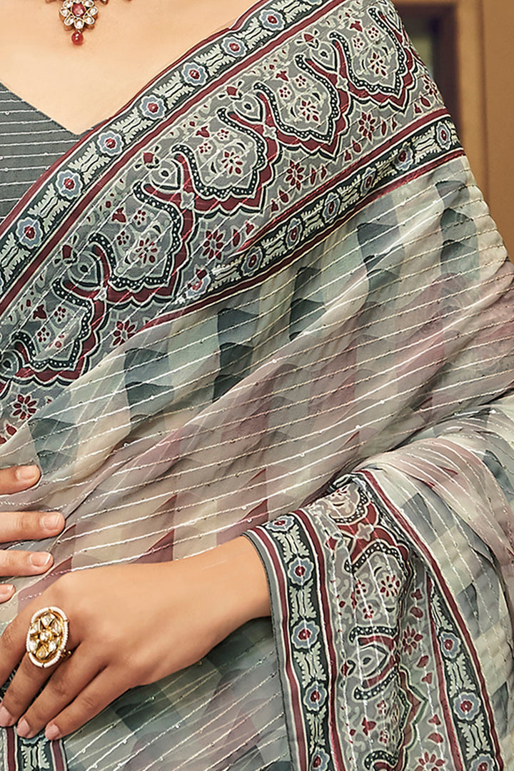 Grey Georgette Saree with Sequins Work | Thread and Printed Art Silk Blouse