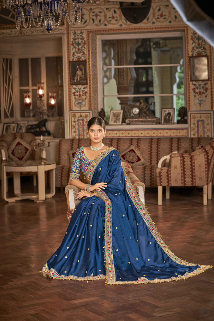 Blue Saree with Intricate Embroidery | Indian Traditional Sari