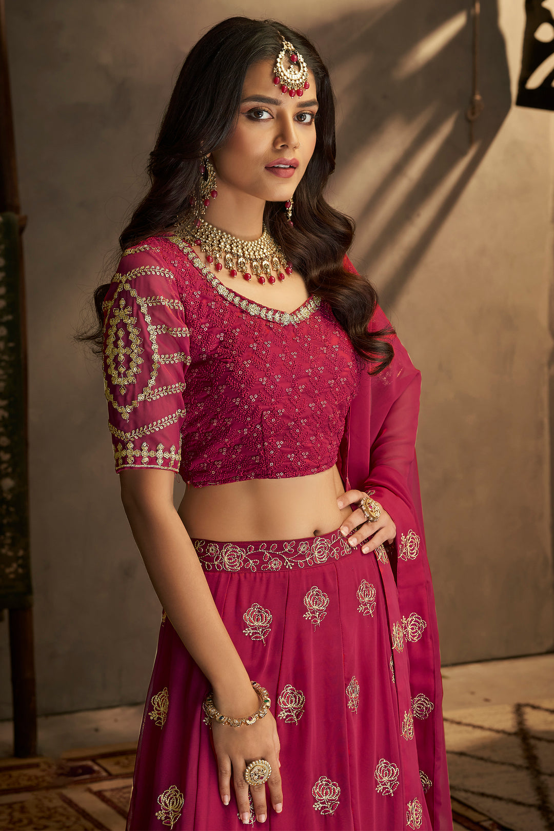 Pink Georgette Lehenga Choli | Semi-Stitched with Dori Thread Work