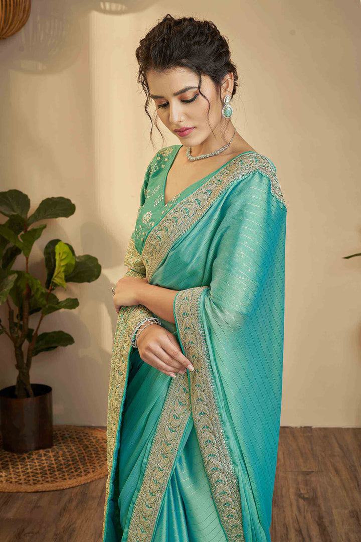 Sea Green Designer Silk Base Saree | Unstitched Blouse Included