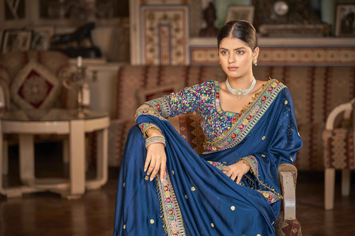 Blue Saree with Intricate Embroidery | Indian Traditional Sari