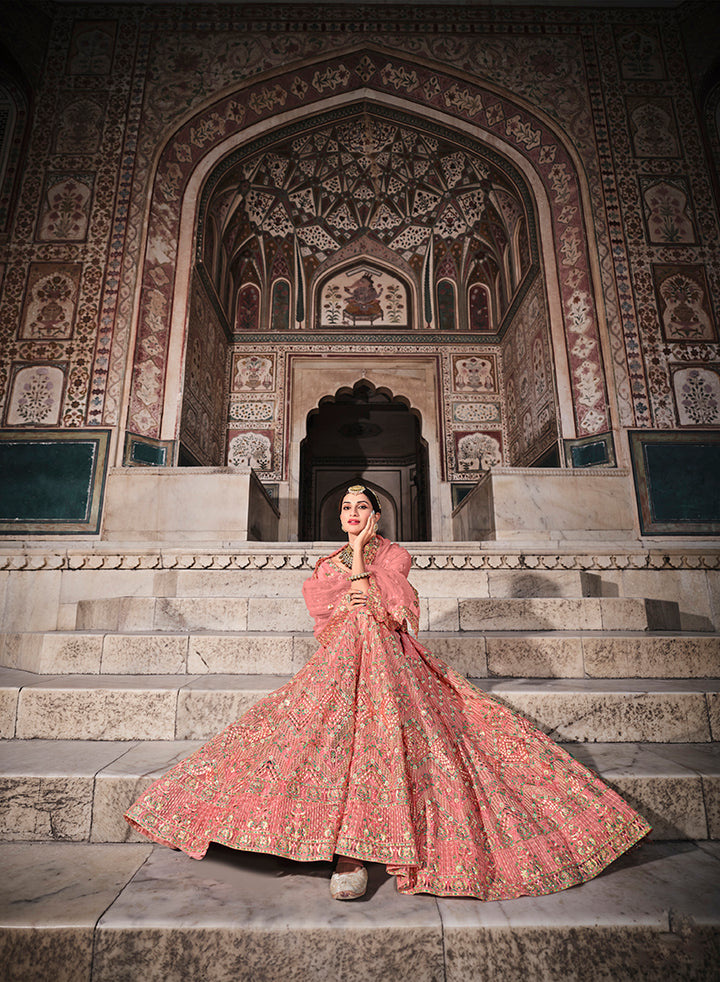 Peach Soft Net Zari & Resham Lehenga Choli | Wedding & Party Wear