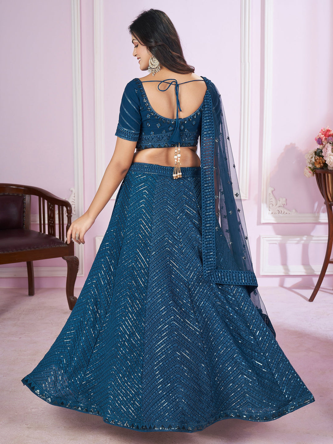 Dazzling Teal Blue Sequins Georgette Designer Lehenga Choli