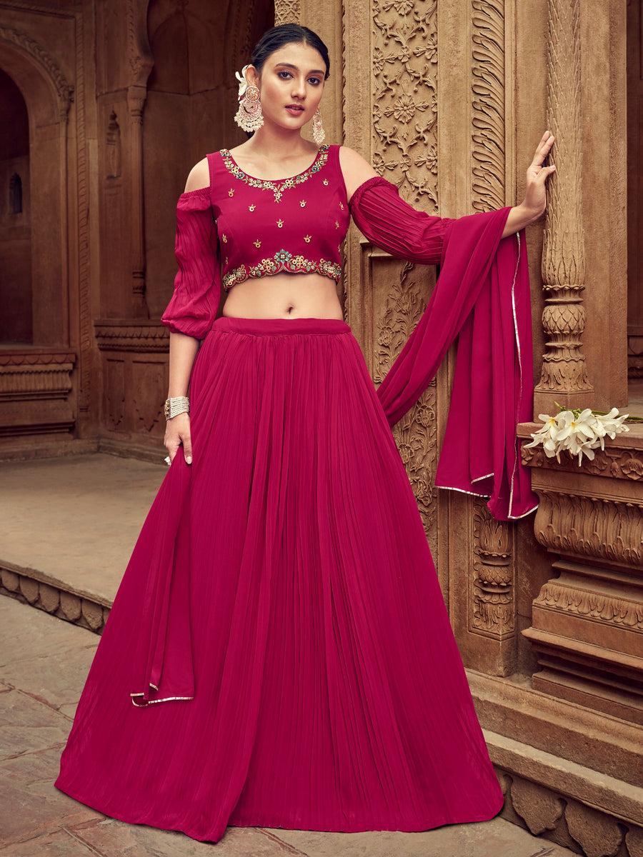 Attractive Rani Pink Embroidered Georgette Wedding Lehenga Choli