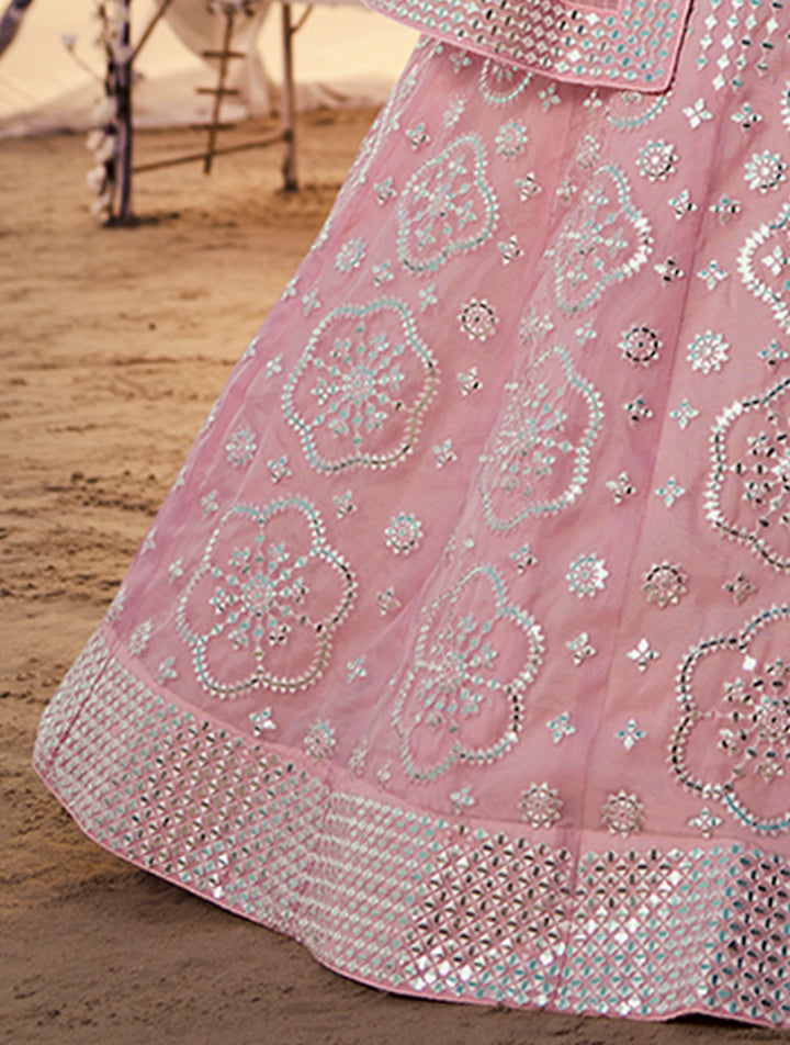 Baby Pink Thread Embroidery Organza Lehenga | Mirror Work Choli Set