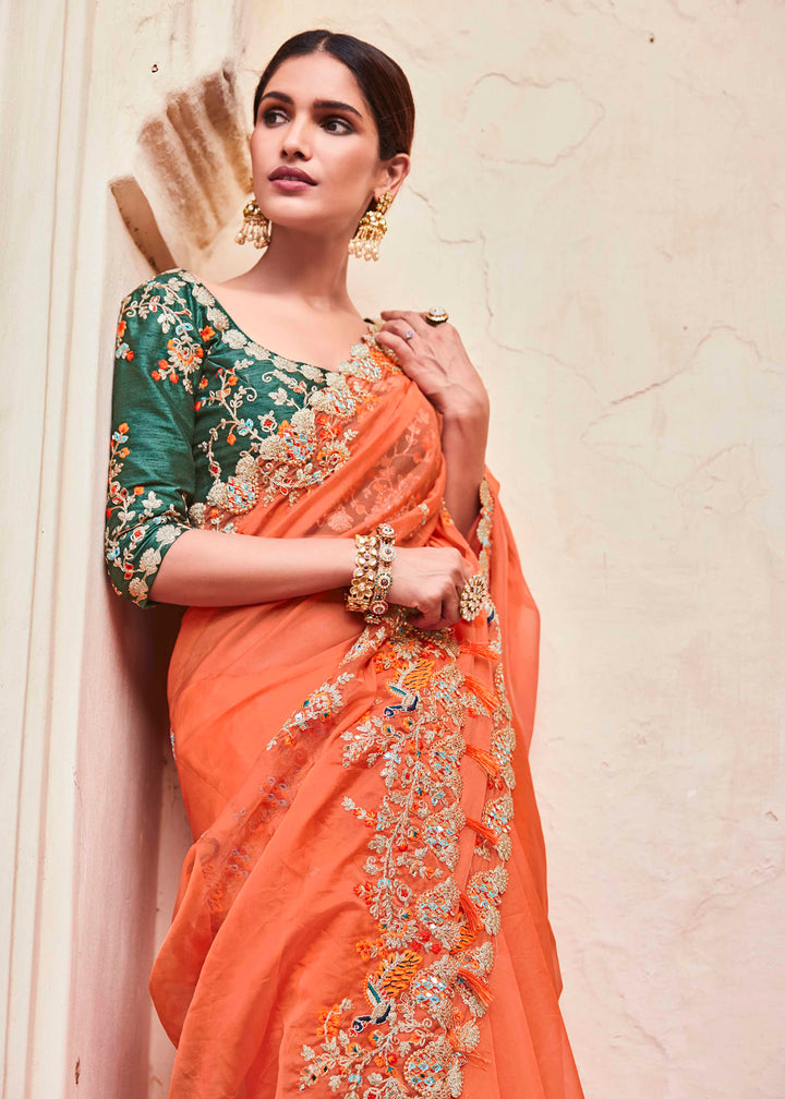 Orange Organza Saree with Dori Work | Art Silk Blouse for Weddings