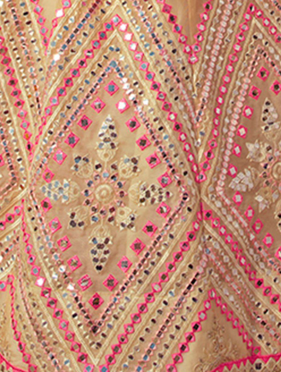 Yellow & Pink Embroidered Mirror Work Lehenga | Semi-Stitched with Dupatta