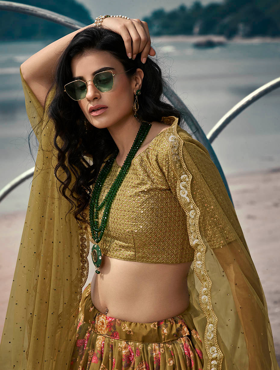 Elegant Reception Wear Lehenga | Olive Green Organza with Stylish Prints