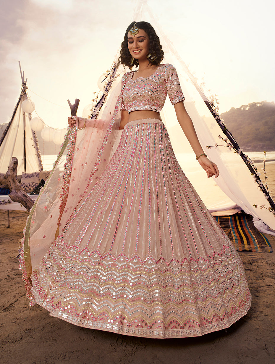 Peach Organza Lehenga for Women | Embroidered Mirror Work with Dupatta